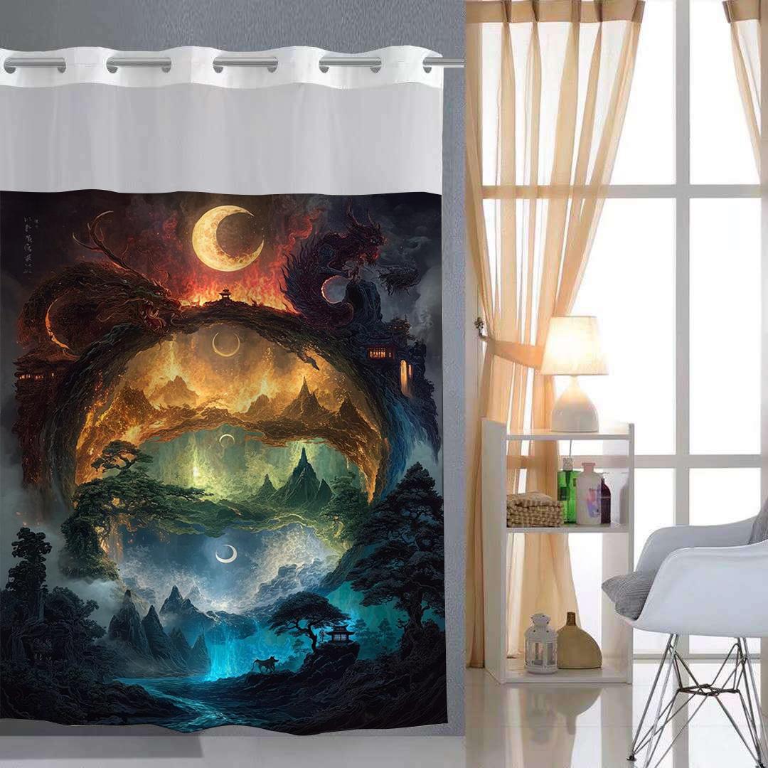 

No hook abstract shower curtain with snap in fabric lining, transparent top window, and waterproof double-layer bathtub curtai 90x180cm