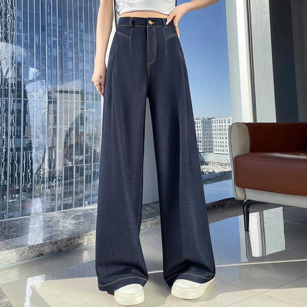Women's Dark Blue Tencel High-Waisted Slimming Jeans, 2025 Spring/Summer Collection - Straight-Leg, Bright Stitching, Fashionable Draping Design.