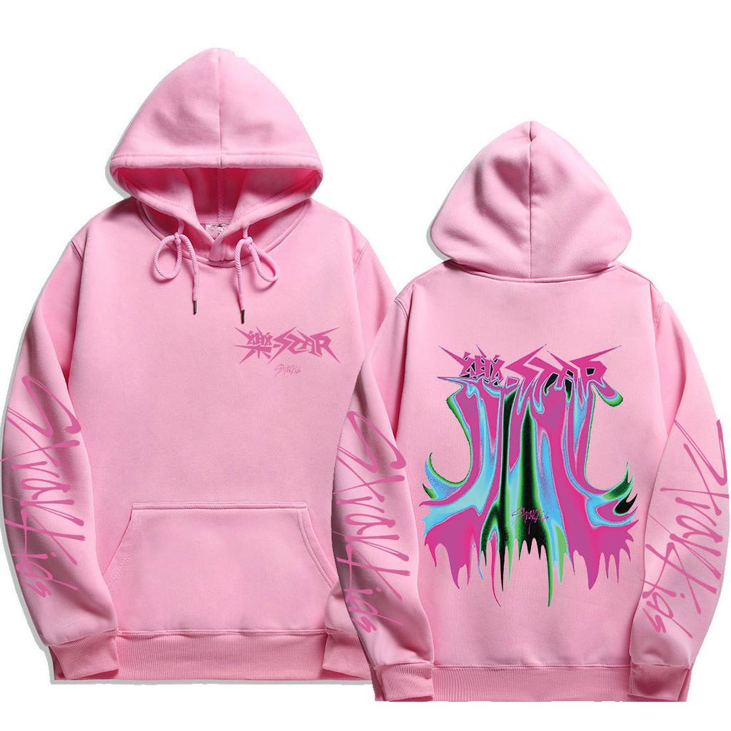 Stray Kids ROCK‑STAR Pullover Hoodie Front Graphic Pink‑Blue‑Green Drip Kangaroo Pocket Drawstring Hood Oversized Unisex K‑Pop Streetwear Fan Merch