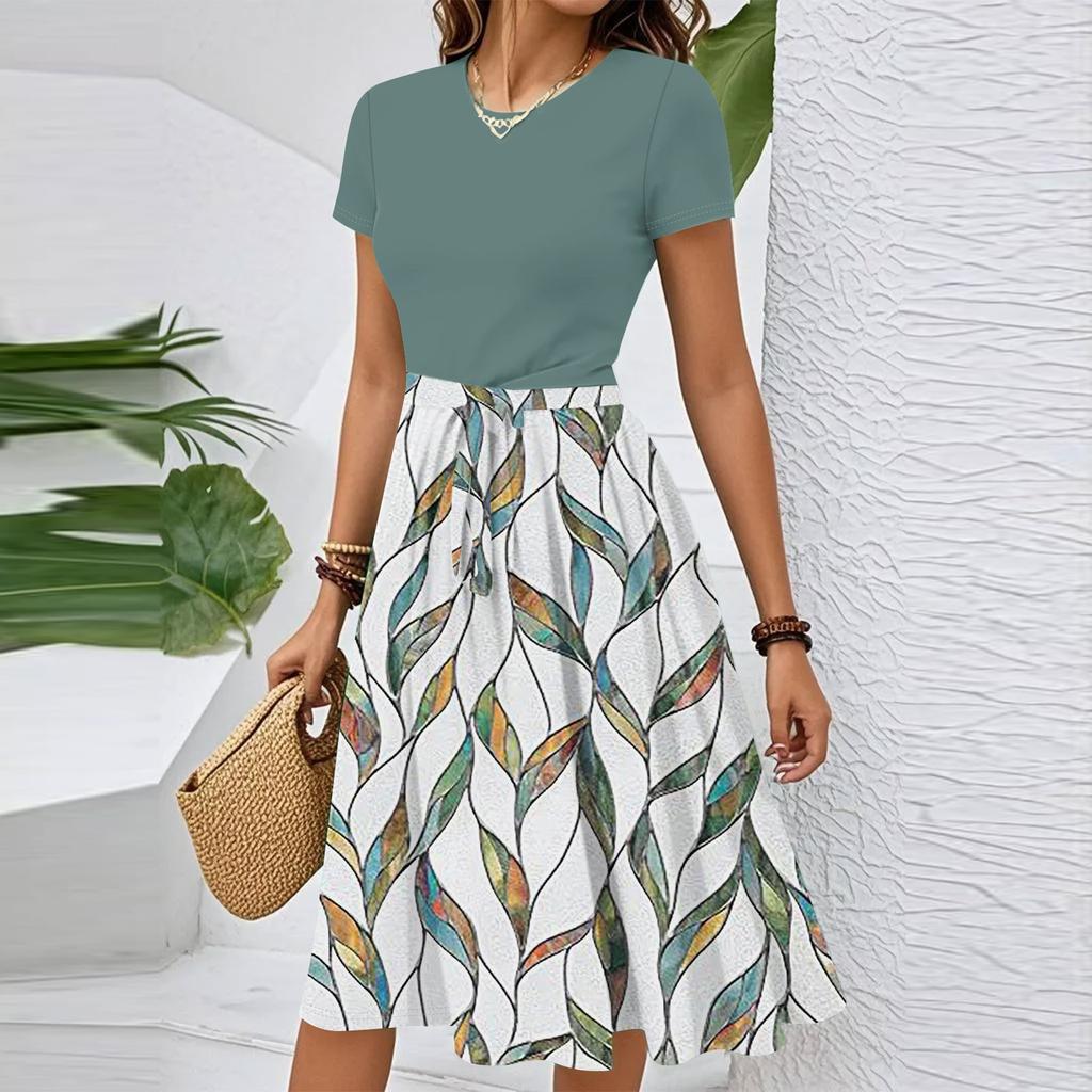 Women's Casual Fashion Belted Floral Printed Short Sleeve Round Neck Elegant Flowing Dress