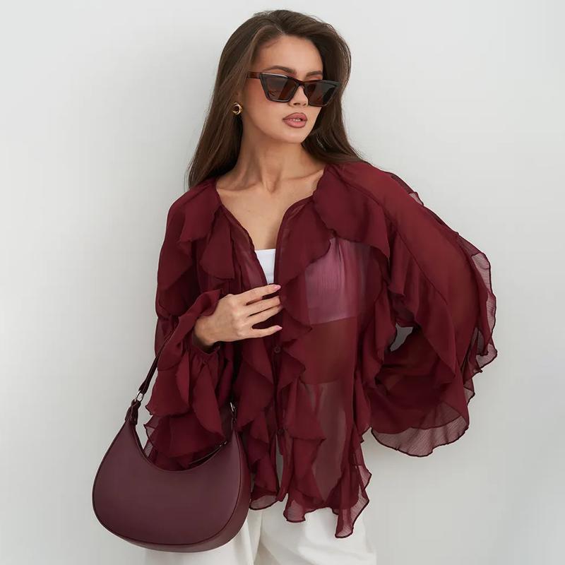 Chiffon Ruffled V-Neck Shirts Top Women Blouse Tee 2026 Summer Sheer Lace-Up High Waist Blouse Elegant Female Shirts Tops