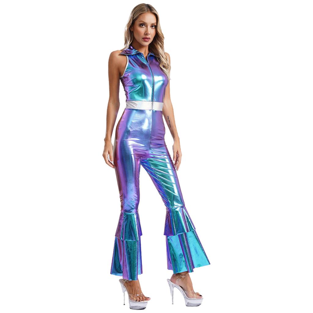 Women 70s Disco Costume Jumpsuit S-3XL - Shiny Metallic Lapel Collar Sleeveless High Waist Flared Disco Dance Singer Outfit