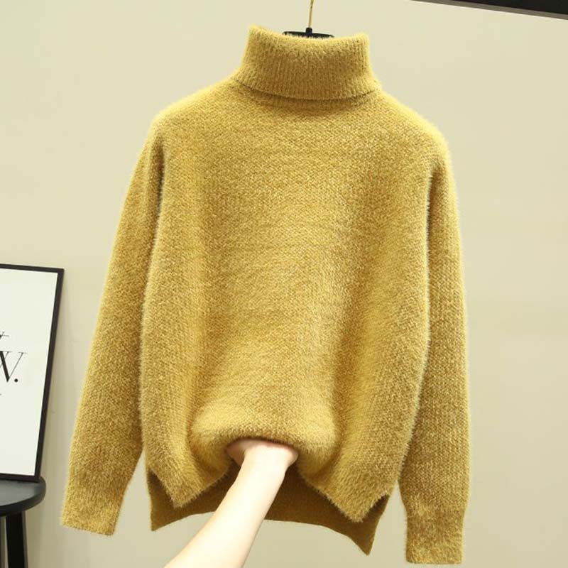 Sweater for Women Autumn Winter Solid Color Thickened High Neck Warm Knitted Stretchy Long Sleeve Tops