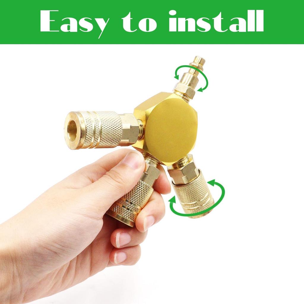Air Splitter 3-Way Manifold Hex Style with 3 Pieces Brass Industrial Coupler and 1/4" Plug,Air Compressor Hose Accessories Quick Connect Fittings