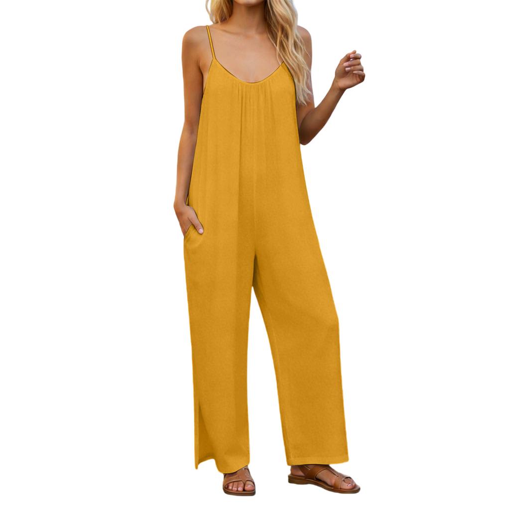 Women's  V-neck Waist Cinched Fashionable Jumpsuit Wide Leg Pants