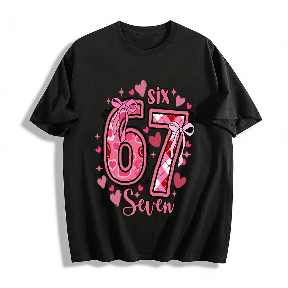 Pink Bow Heart Number 67 Print Casual Top For Adults Pure cotton T-shirt XXS