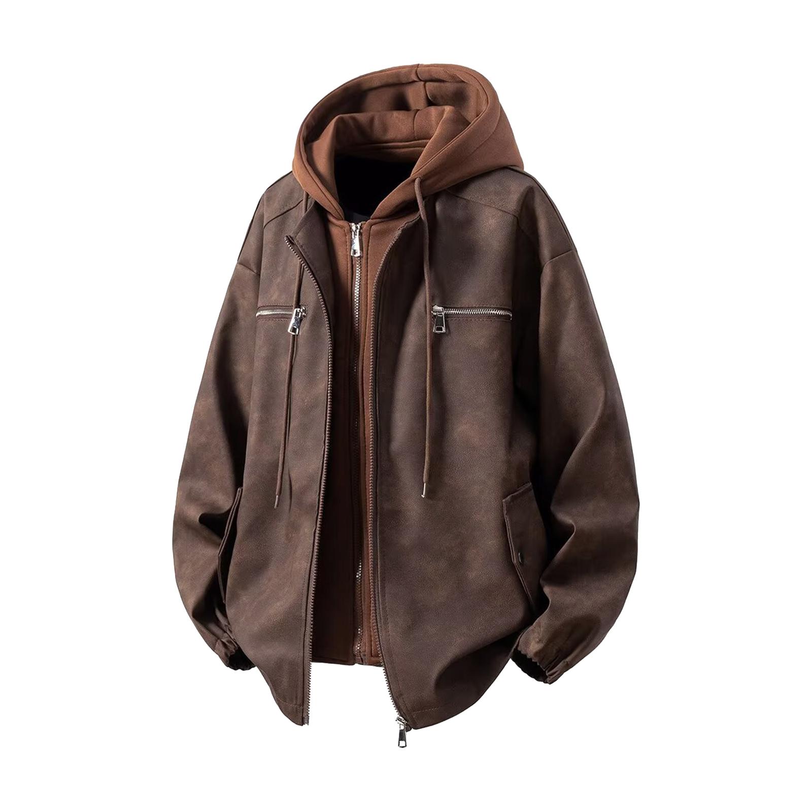 

Men s Solid Color Hooded PU Leather Fake Two-piece Vintage Distressed Fabric Metal Decoration Jacket XL