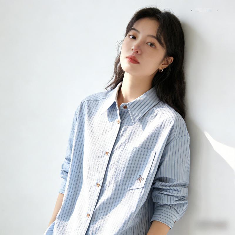 Korean Style Blue Striped Embroidered Long Sleeve Shirt for Women - Trendy Spring/Autumn Layering