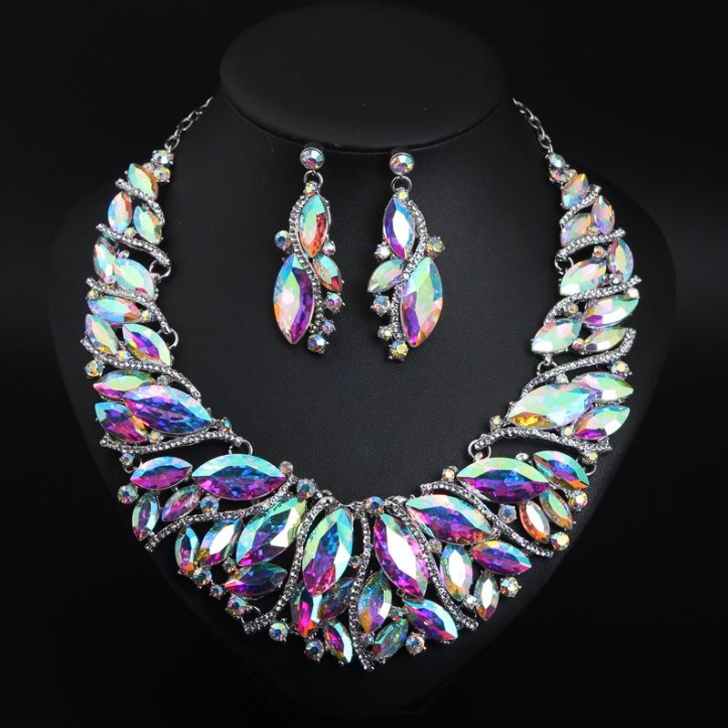Exaggerated Crystal Necklace Earrings Set Bridal Banquet Jewelry Women's Accessories
