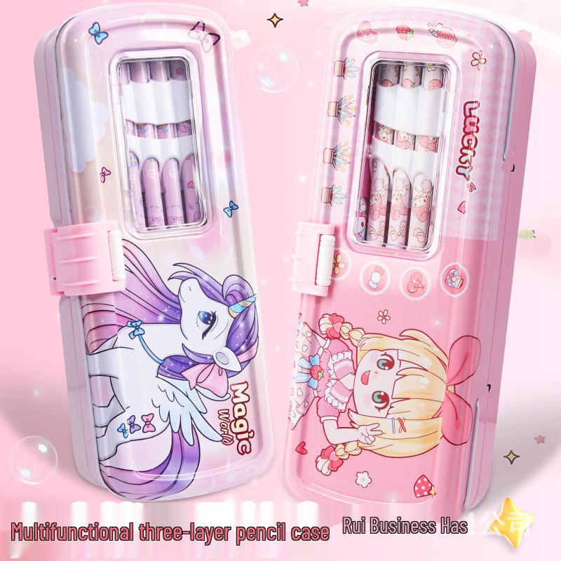 Three-Layer Multiplication Table Tin Pencil Box for Kids - Large Capacity for Elementary Students