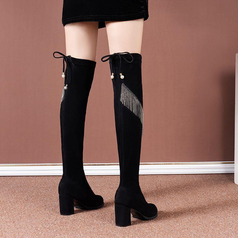 

Черные туфли с круглым носком и кисточками, элегантные, на каблуке, выше колена, женские, осенне-зимние, теплые, для косплея, распродажа, ботфорты для женщин 42