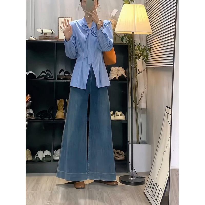 Dámské pruhované modré košile s mašlí, módní halenky s dlouhým rukávem, jarní topy do pasu pro úřednice