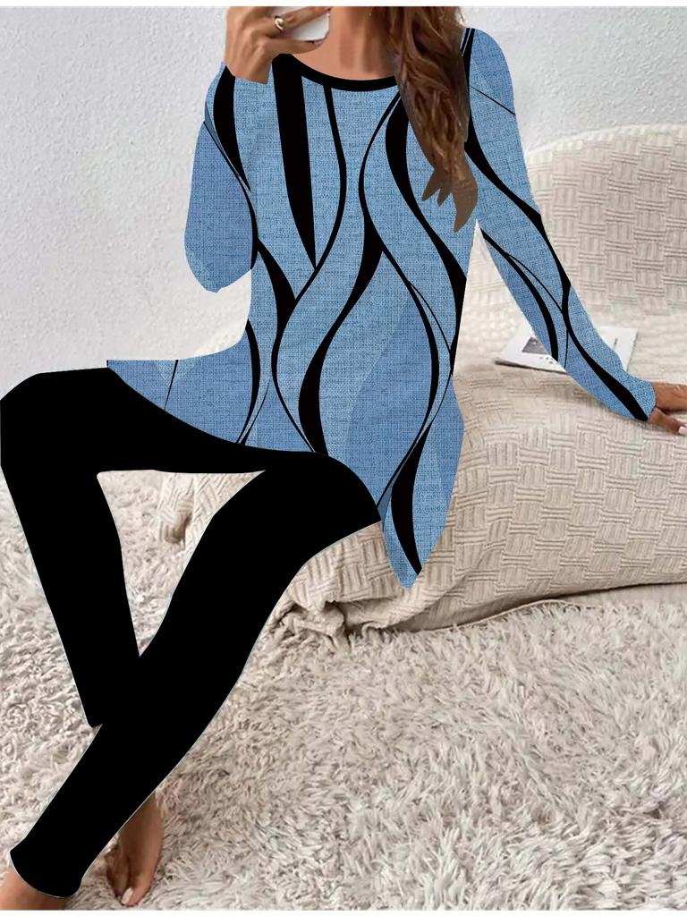 Moda Euroamerykańska Damski Zestaw Dwuczęściowy Koszulka z Długim Rękawem Czterosezonowa z Nadrukiem Geometrii 3D + Długie Spodnie. Idealny prezent na Nowy Rok i Boże Narodzenie