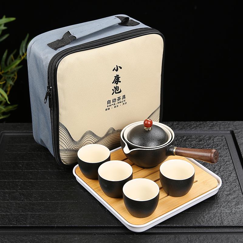 Chińska Porcelana Zestaw do Herbaty Gongfu Przenośny Zestaw Czajniczek z Obrotowym Zaparzaczem 360 i Filtrem Przenośna Torba Prezentowa All in One