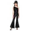 Children‘s Disco Dance Costume Sequins Tassels One Shoulder Sleeveless High Waist Flared Jumpsuit and Fedora Hat for Party Performance