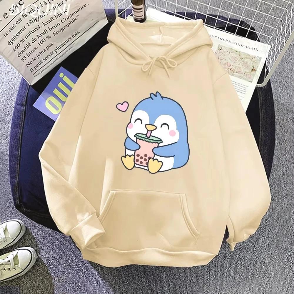 Bubble Boba Milk Tea Cartoon 2d Hoodies Women Penguin Graphic Printed Sweatshirts Clothes Kawaii Harajuku Hoodie Casual Clothing