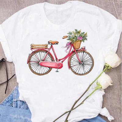 Damen Lustiges Fahrrad Blumenmuster T-Shirt Harajuku Damen T-Shirts Lässig O-Ausschnitt Kurzarm Oberteile Tees Shirt Drop Shipping