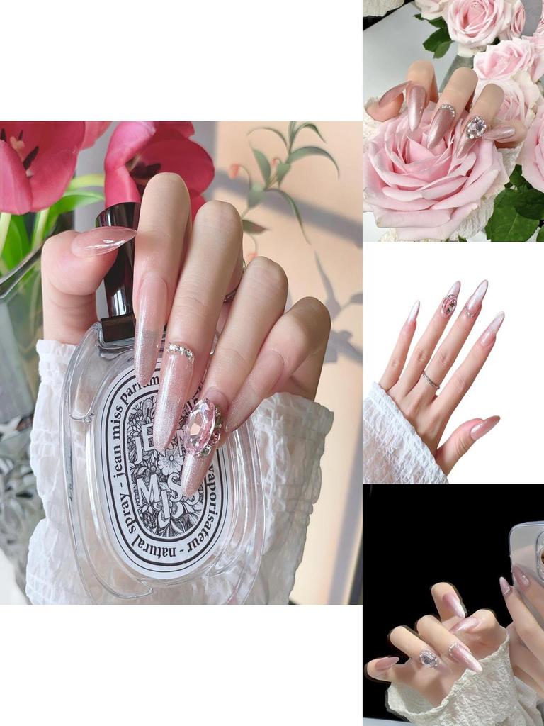 Original Photographyhandmade Nail Patch For Therapy New Trendy Luxury Long Cat Eye Nail With Sparkling Gems S44 Almond Love Girl)