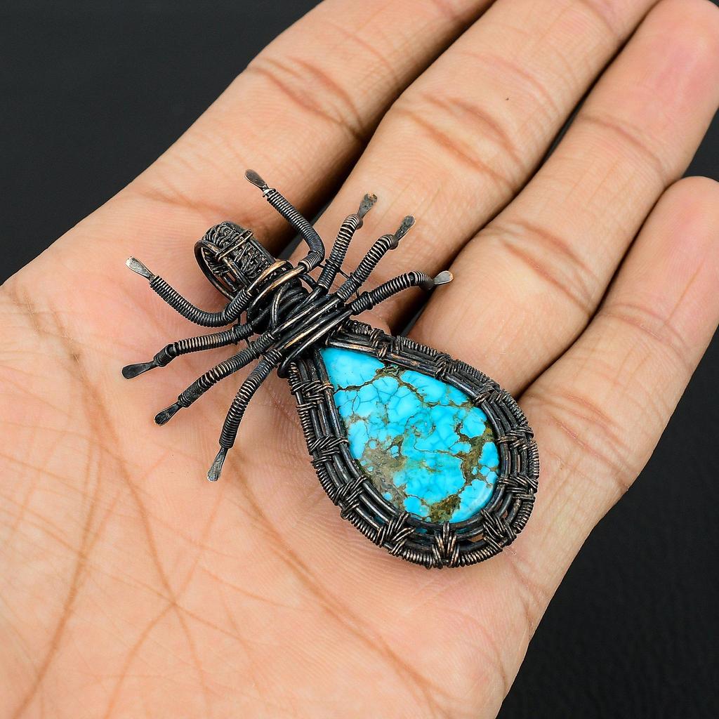 Tibetan Turquoise Pendant, 999 Copper Wire Wrapped Gemstone Spider Shaped Jewelry, Handmade Pendant, For Thanksgiving
