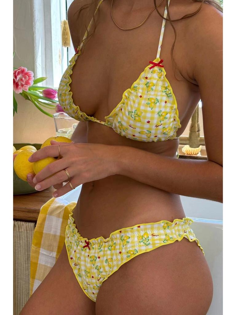 2025 Floral Cross-Back Bikini Split Swimsuit Tie-Up Design