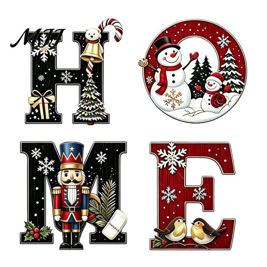 Nutcracker Themed Home Sign 4Pcs Christmas HOME Wooden Letter Wall Decor, Hanging with Snowman Reusable Set Tree Art, Waterproof Farmhouse Holiday