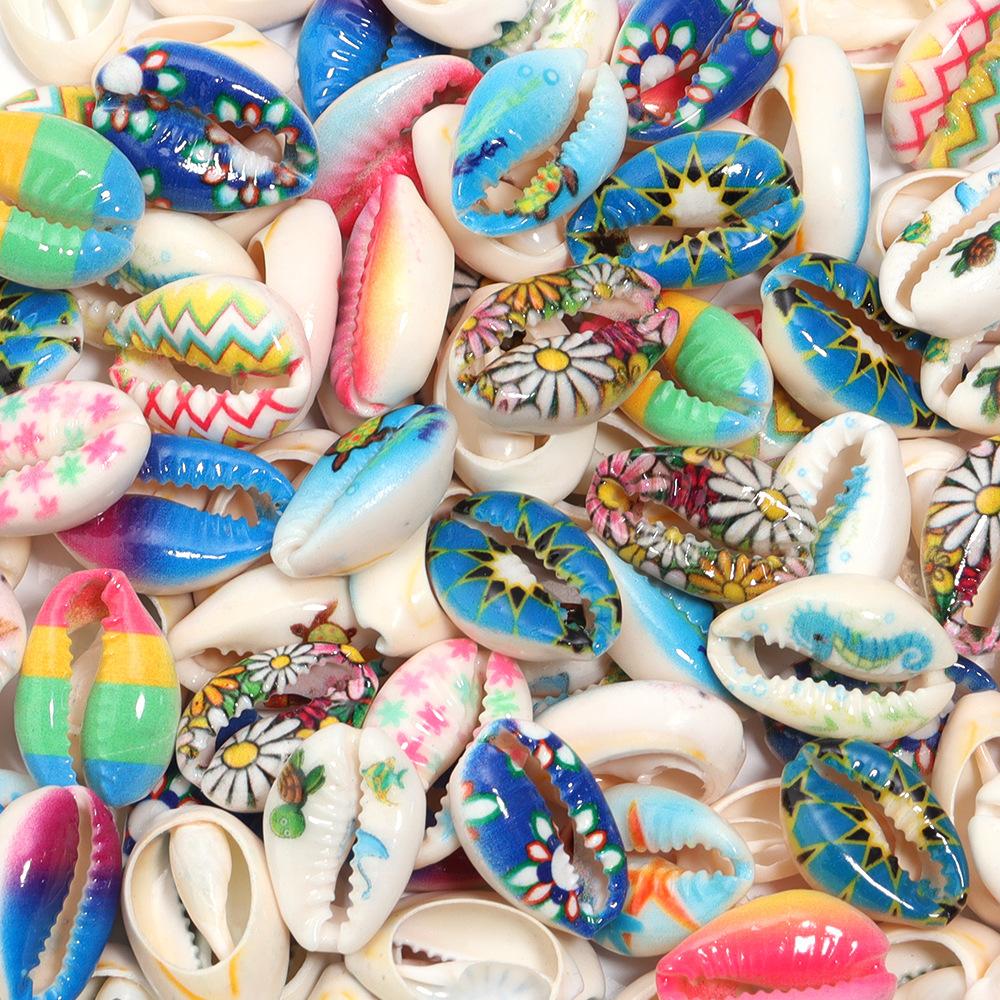 5pcs Fun Creativity Beach Style Retro Random Color Mix Painted Print Shell Beads Jewelry Charm Making DIY Fashion Accessories