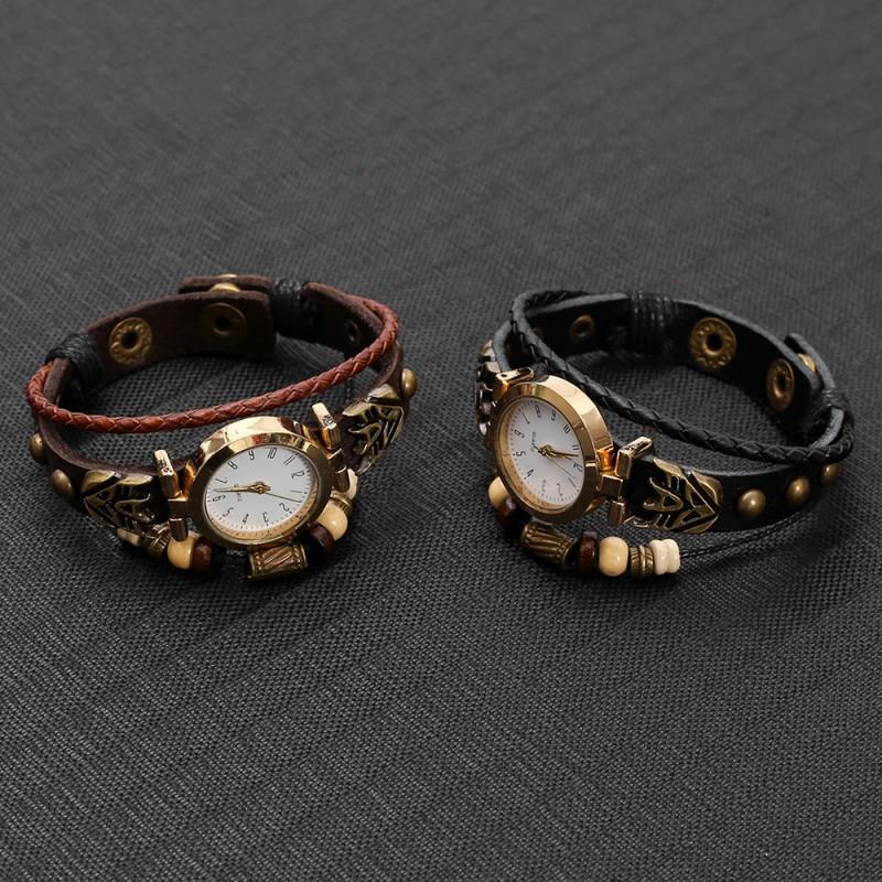 Minimalist Vintage Leather Quartz Watch Women Round Dial 28mm Punk Style Wristwatch With Braided Strap