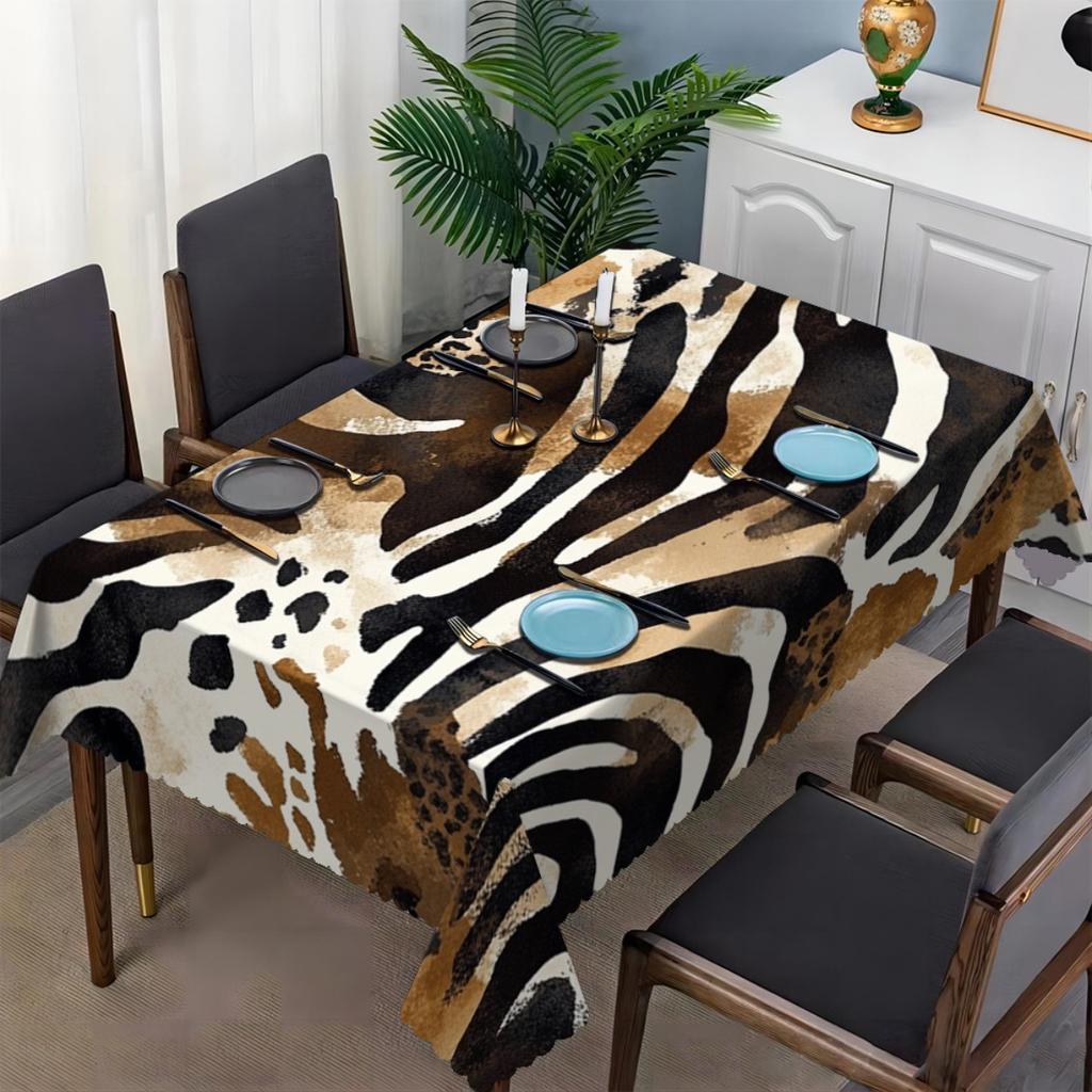 Stylish Wild Animal Print Tablecloth, Rich Brown, Black and White Zebra-Leopard Texture, Durable with Scalloped Hem for Indoor