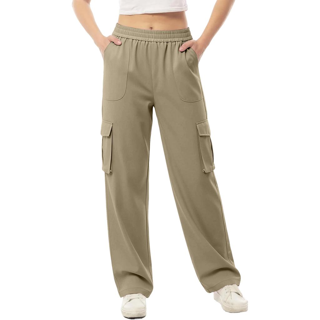 Women's Color Elastic Waist Cargo Pants with Pockets Casual Work Trousers