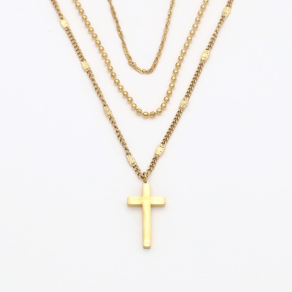 French Retro Three-Layer Chain Stacked Non-Fading Cross Pendant Necklace Collarbone Chain Men'S And Women'S Popular Jewelry