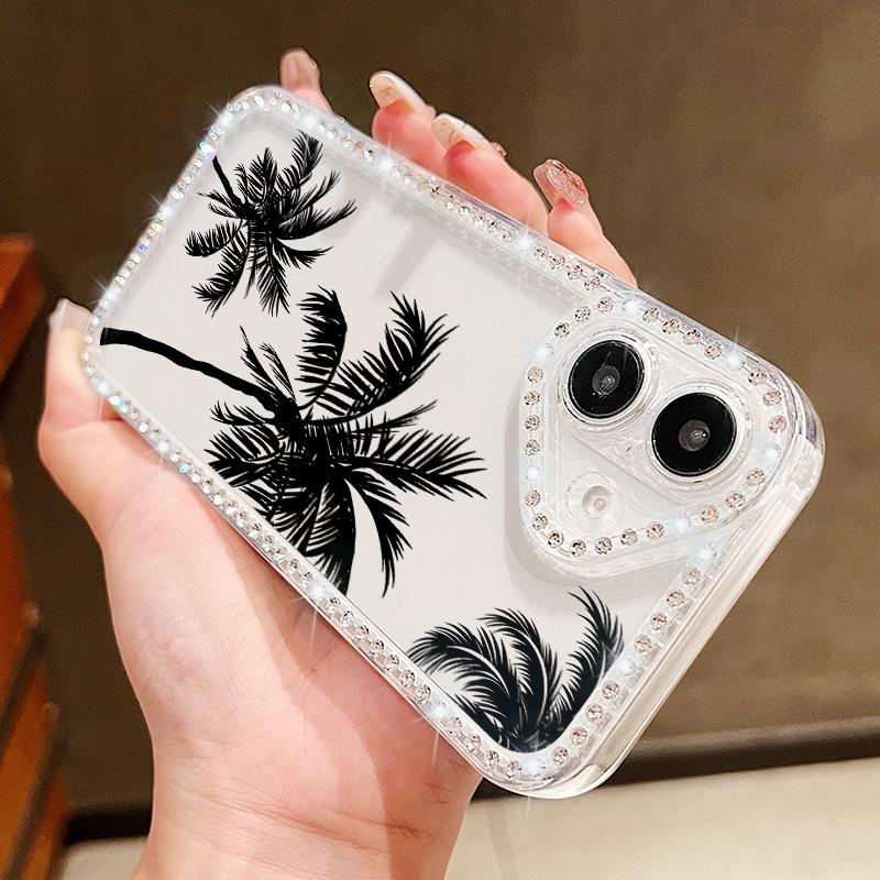 For iPhone 16 16E 15 Pro Max 14 Pro 13 12 11 Case Diamond Frame Coconut Tree Print Clear Shockproof Lens Protection Soft Silicone Phone Cover Shell