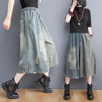 Women Plus Size Vintage Denim Pants Loose Ripped Patch Jeans Summer Oversized Patchwork Casual Wide-leg Denim Shorts