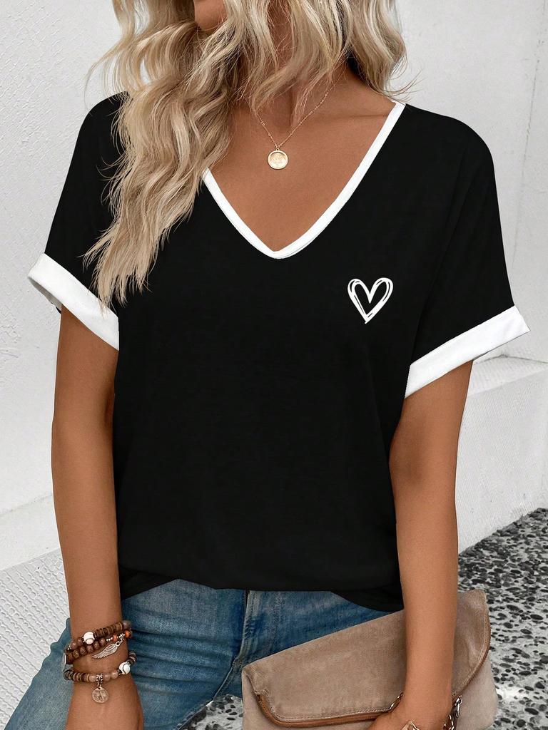 Floral Print V-Neck T-Shirt, Rolled Short Sleeve Casual Top For Women