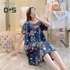 Women Nightdress Loose Floral Print Round Neck Pleated Short Sleeves Knee Length Homewear Casual Midi Dress Lady Nightgown Midi Dress