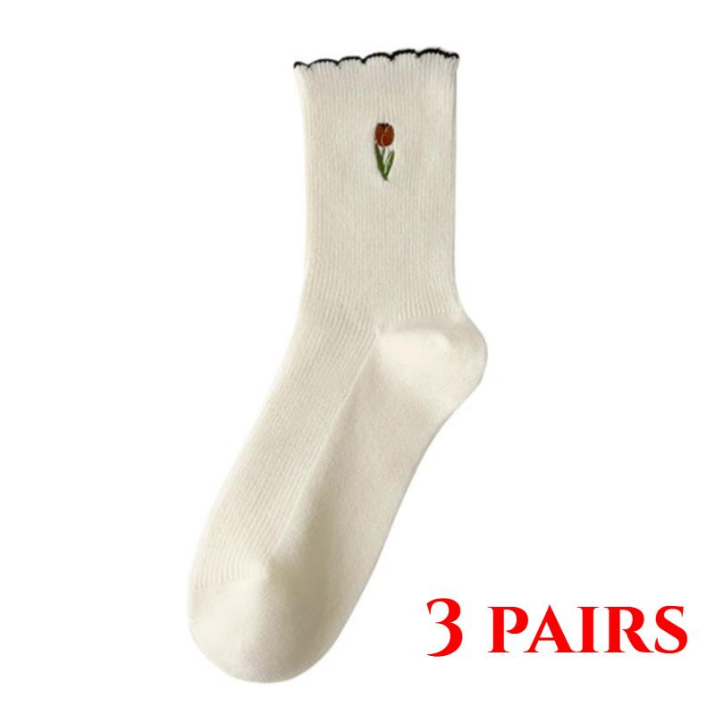3 Pairs of Women's Socks Set Spring and Summer Thin Breathable Ruffle Edge Socks All Cotton Cute Women's White Printed Socks