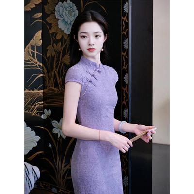 Wen Ci Purple Jacquard Qipao Dress - Women's 2025 Retro Style, Waist-Cinching Long Dress for Spring/Summer.
