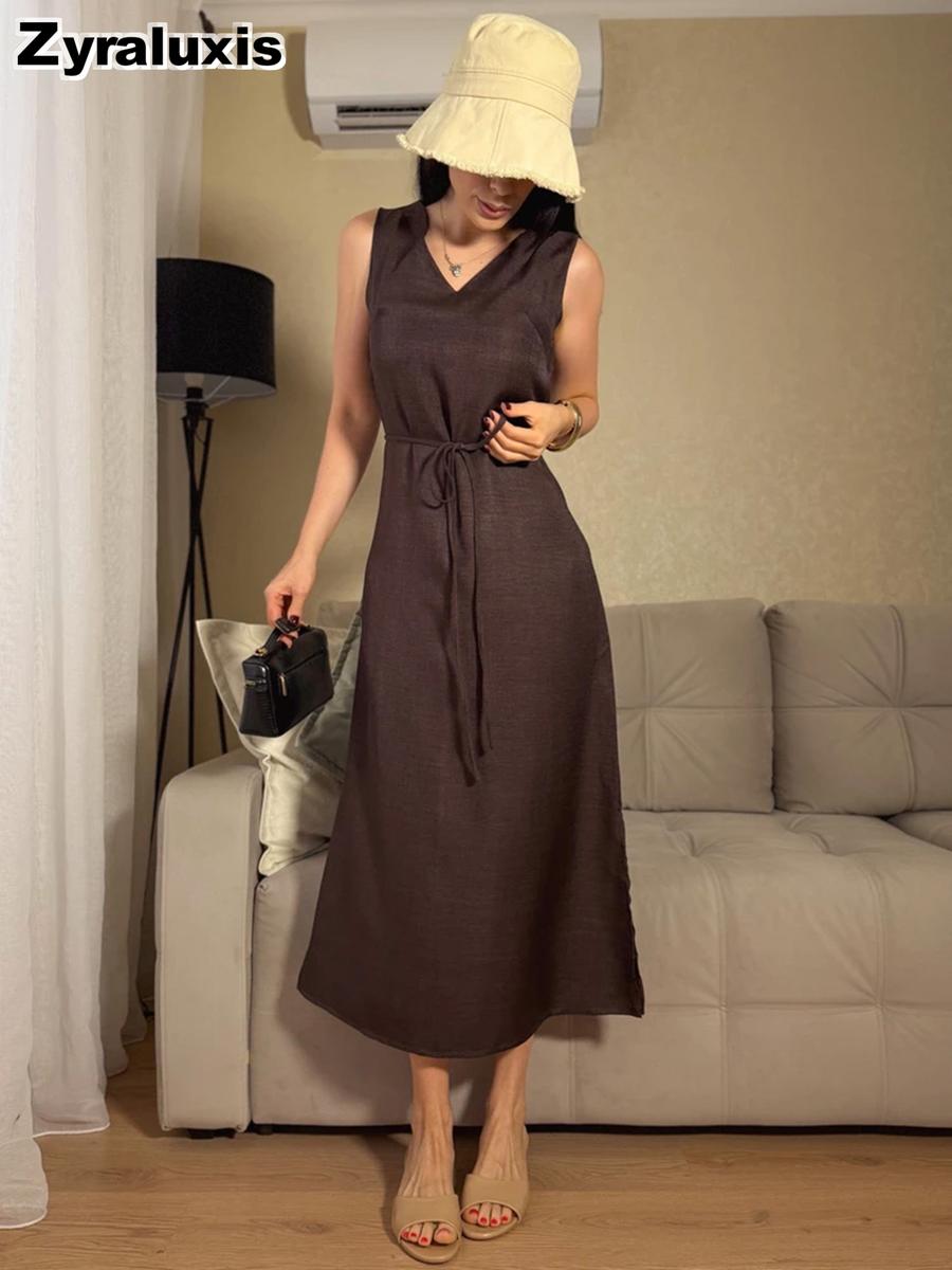 French Vintage Old Money Style Summer New Women s Dress Solid V-Neck Loose Sleeveless Skirt M