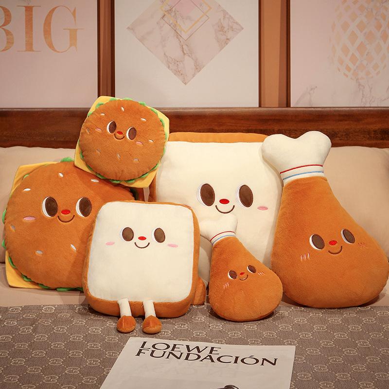 Simulated Plush Toy Jade Rabbit Fleece Hamburger Toast Chicken Legs Girls Sleeping on Side Pillow Bedside Cushion Creative Bedroom