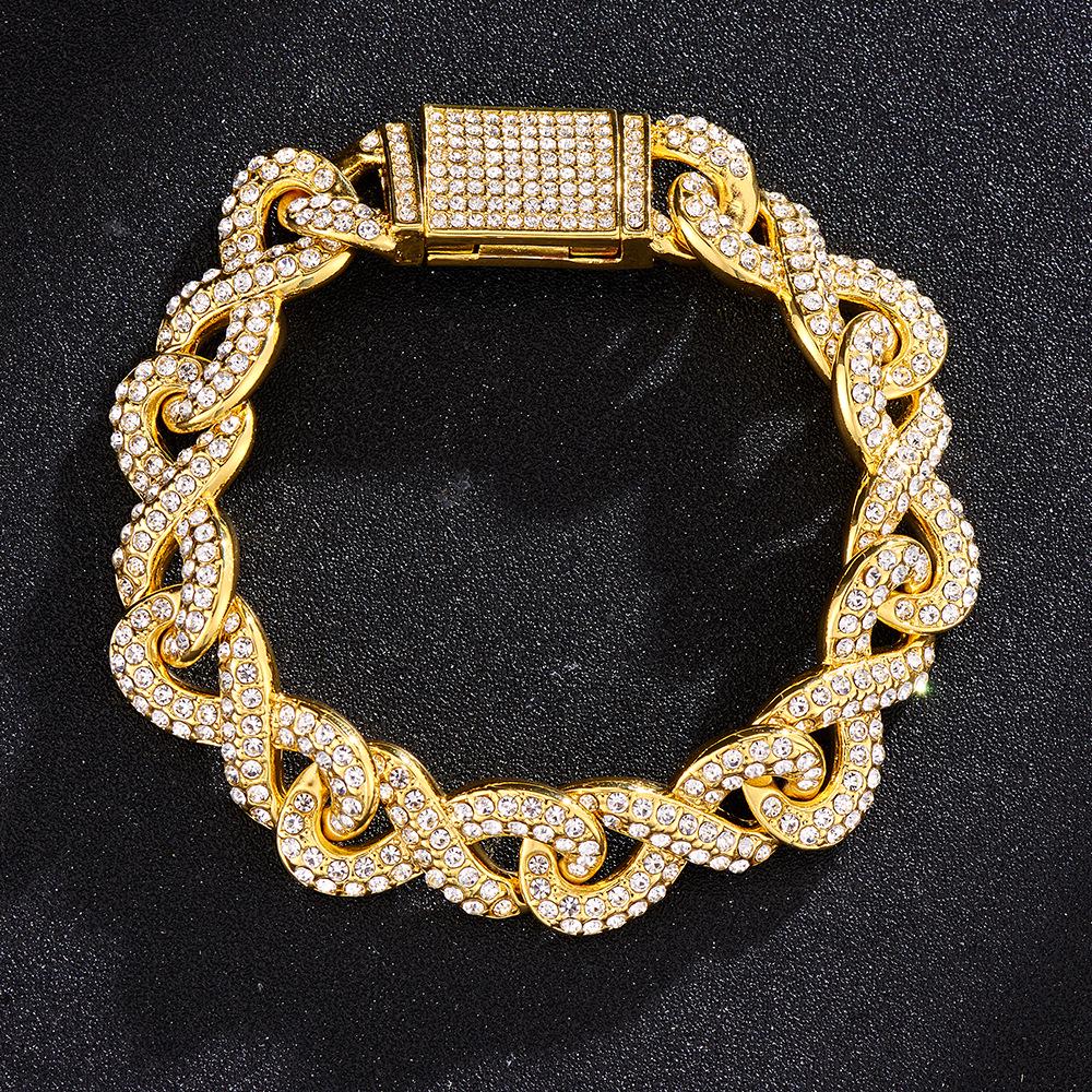 European & American Hip Hop Infinity Cuban Chain Necklace & Bracelet: Trendy Unisex Design with Full Diamond Accents.