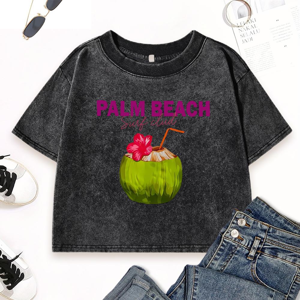 Palm Beach Fresh Coconut Juice Print Washed Tee Shirt Women Casual Slim T Shirts Cotton Vintage Top Summer