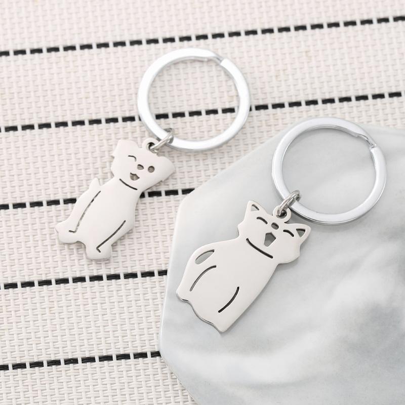 Cartoon Cat Dog Stainless Steel Keychain Cute Pet Design Fashion Couple Pendant Practical Animal Lover Gift