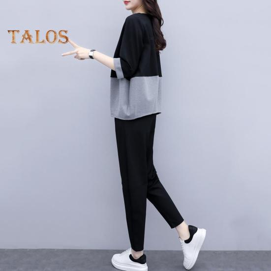 2 ks/sada Dámské tričko Kalhoty Set Sportovní oblečení Colorblock Top s kulatým výstřihem Poloviční rukáv Top Elastický pas Dlouhé Kalhoty Běžné kalhoty Top na dojíždění