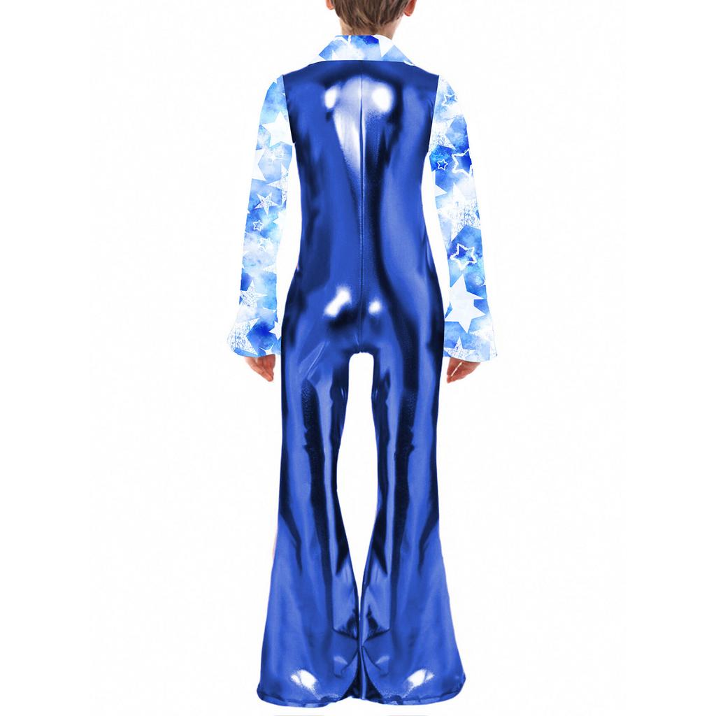 Boys Disco Costume Patchwork Printed Design Shiny Metallic Lapel Collar Long Flare Sleeve Bell Bottomed Pants Jumpsuit