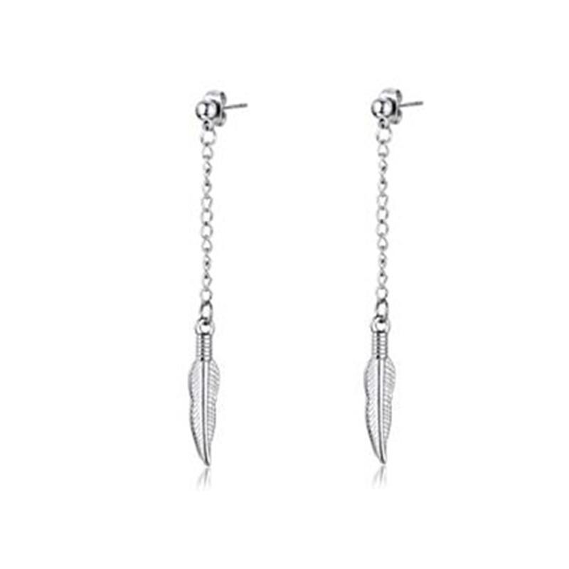 2pcs/set Black Or Silvery Unisex Punk Stainless Steel Cross Cone Feather Chain Pendant Hoop Earrings Ear Stud Jewelry Set