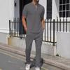 Mens Casual Waffle Knit Half Zip Short Sleeve T Shirt And Long Pants Set