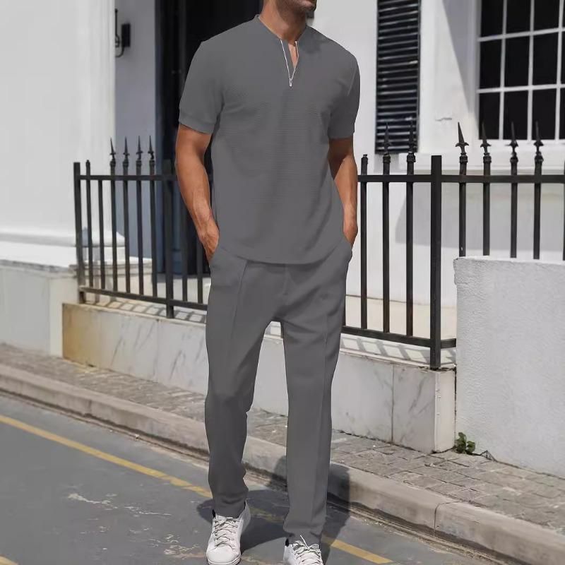 Mens Casual Waffle Knit Half Zip Short Sleeve T Shirt And Long Pants Set