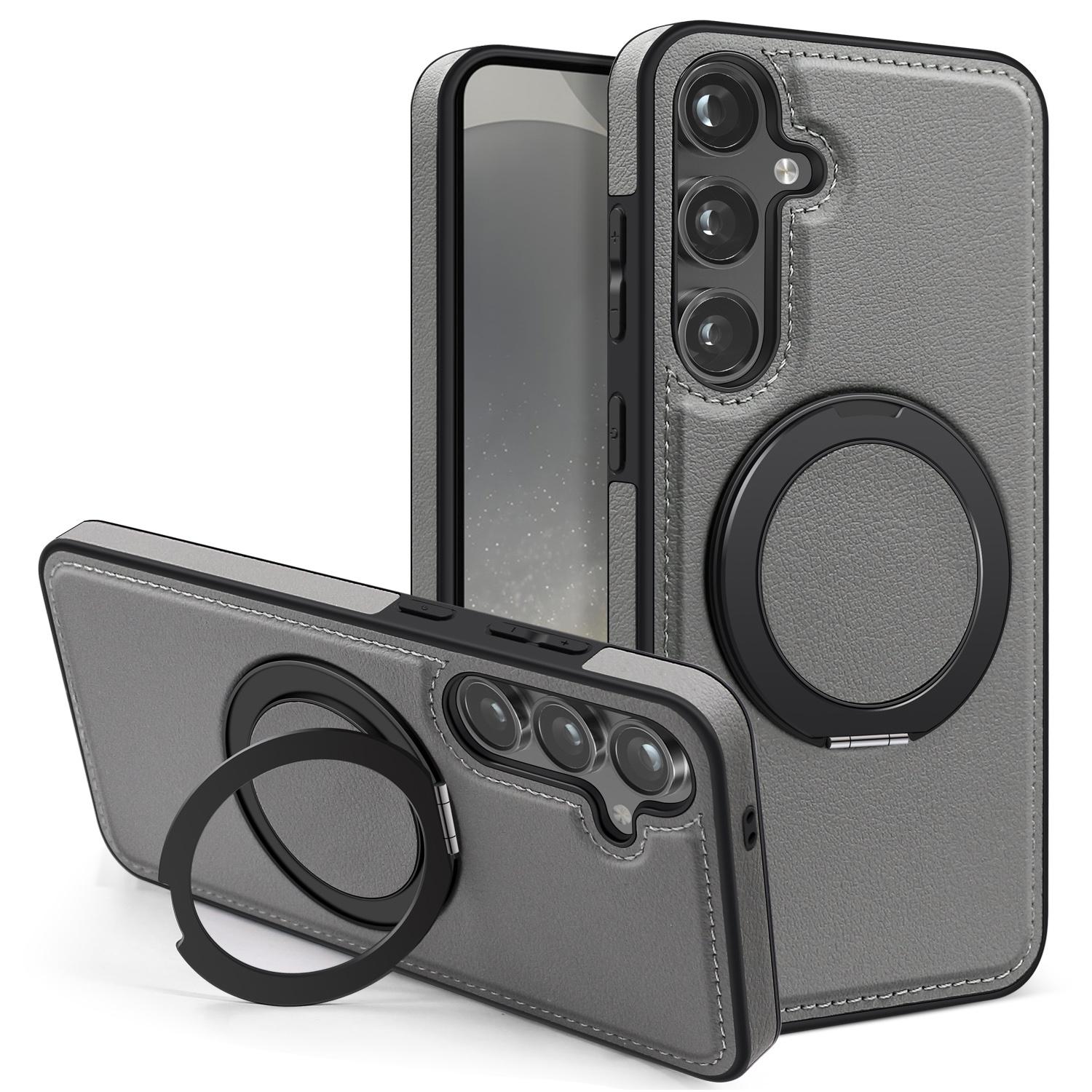 

For Samsung Galaxy S24 Case with Ring Kickstand Compatible with MagSafe PU Leather Back Cover Grey