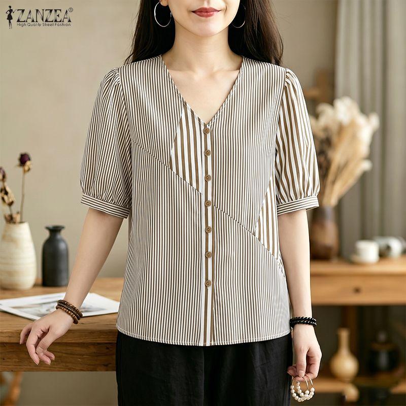 ZANZEA Women Casual V-Neck Loose Half Sleeve Stripe Blouse