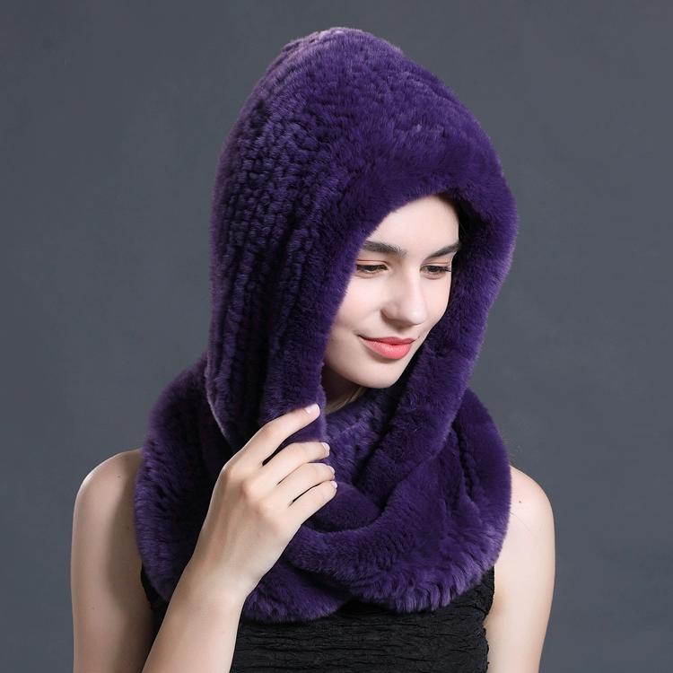 

Осенне-зимняя утолщенная вязаная шапка из кроличьего меха рекс женская теплая кроличья меховая шапка-шарф с капюшоном интегрированная двойного назначения One size фиолетовый