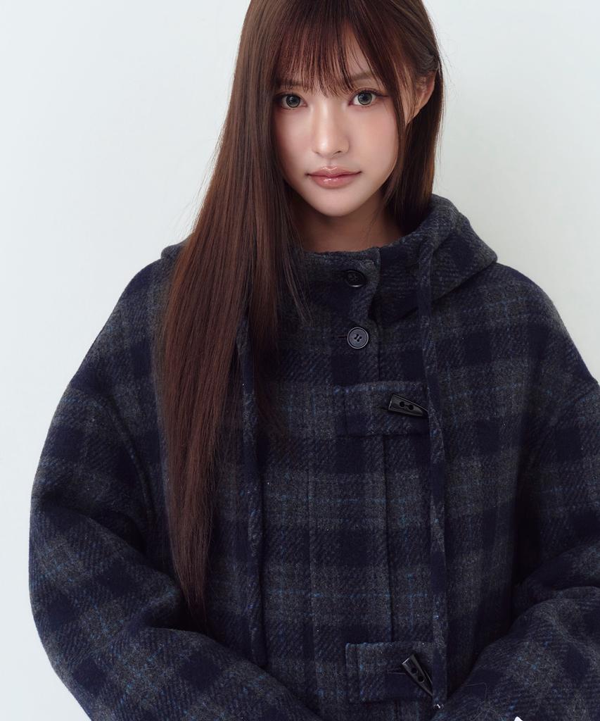 THE GREEN LAB Check Hooded Duffle Long Coat [Navy Check]